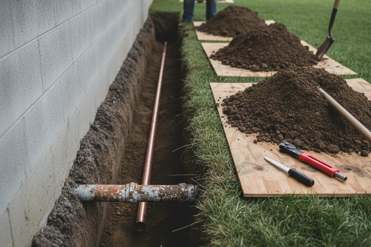 Excavated water line trench during Water Softener Installation in Hawkinsville